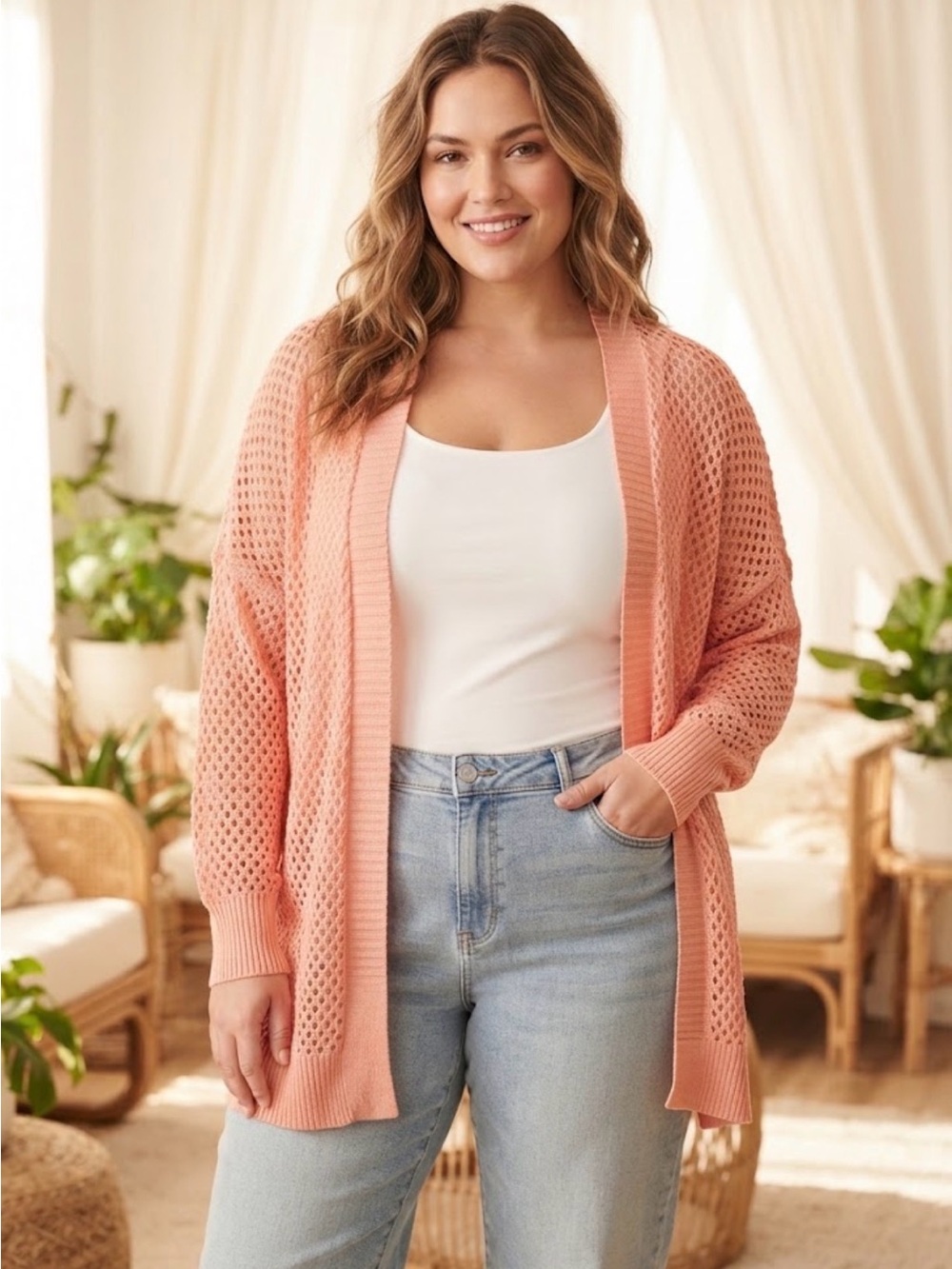 Lane Bryant Peach Open Knit Cardigan NWT 22/24 Boho Chic